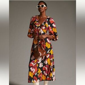 Anthropologie Maeve deep-v ruched midi dress